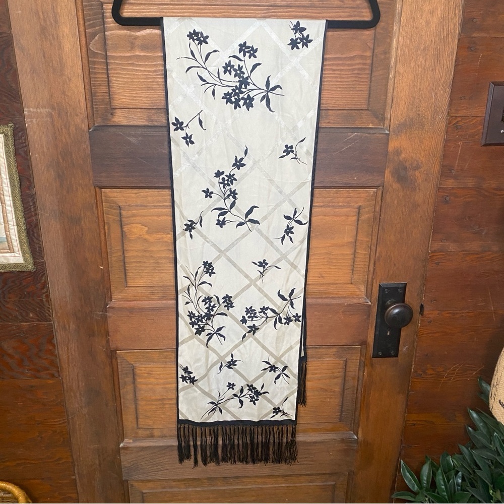 Vintage Talbots Silk Scarf Ivory and Black Floral Print Fringe Ends